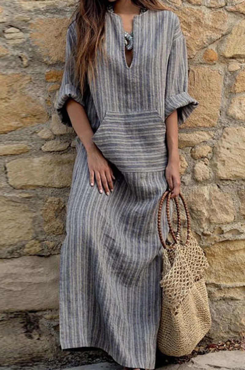 Cotton Linen Striped Loose Long Dress