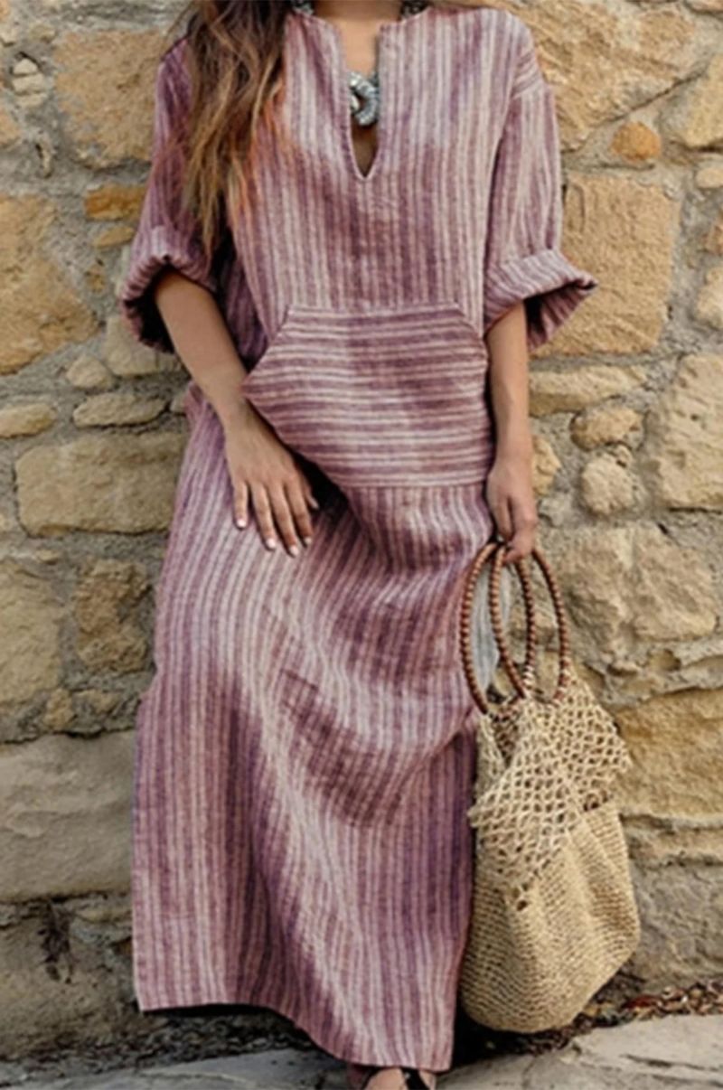 Cotton Linen Striped Loose Long Dress