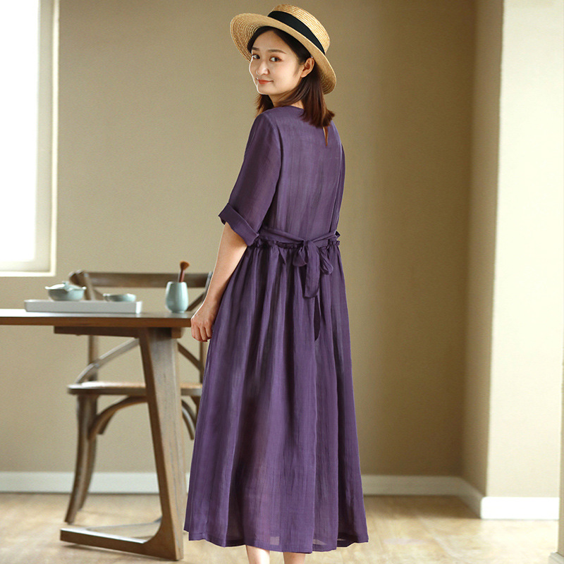 Cotton linen high waist slimming loose round neck skirt