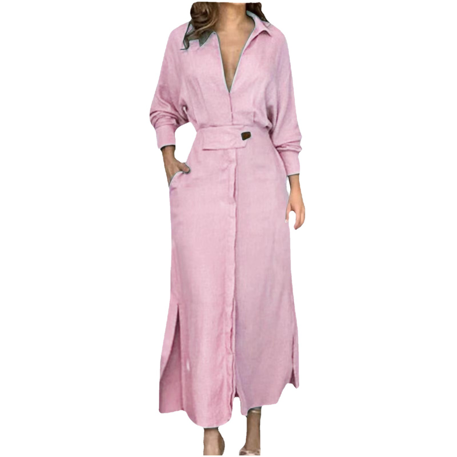 2023 Solid Color Temperament Long Section Pocket Cardigan Dress