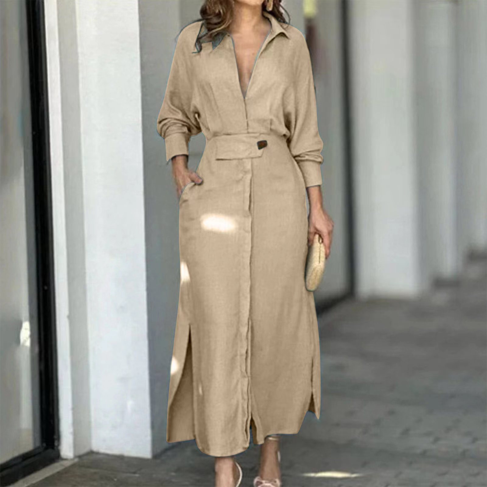 2023 Solid Color Temperament Long Section Pocket Cardigan Dress