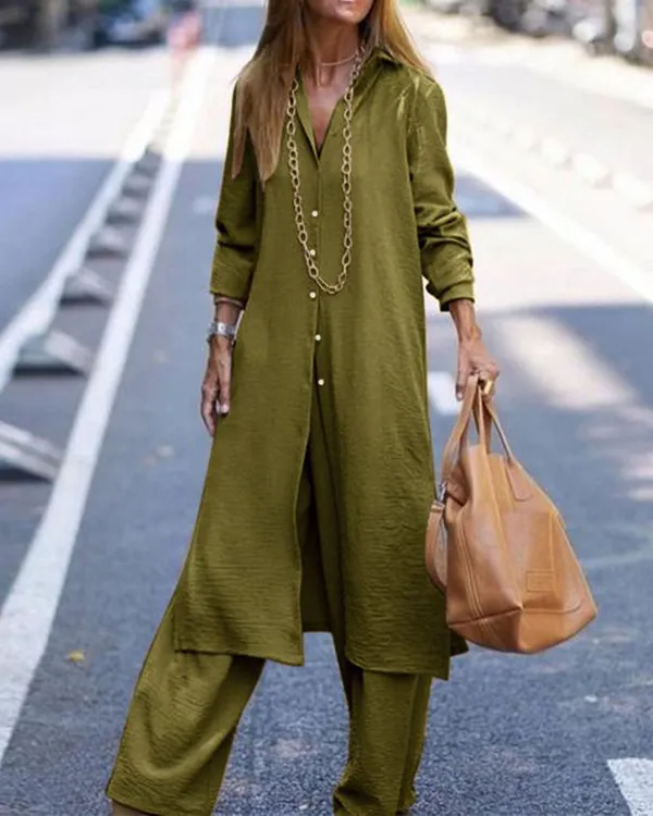 Long Cardigan Top and Wide Leg Trousers Casual Suit