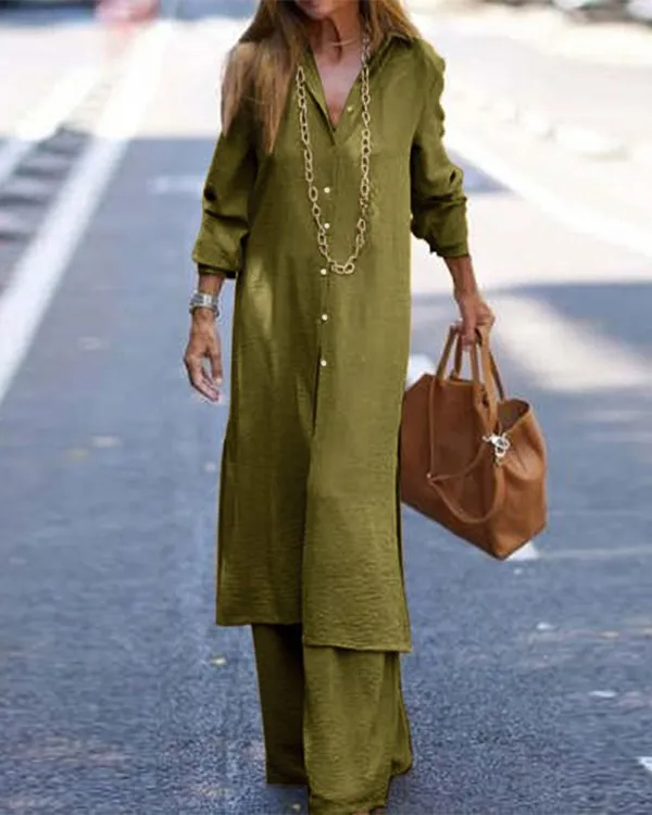 Long Cardigan Top and Wide Leg Trousers Casual Suit