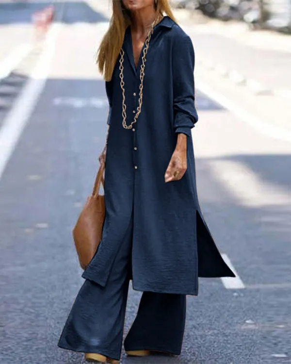 Long Cardigan Top and Wide Leg Trousers Casual Suit