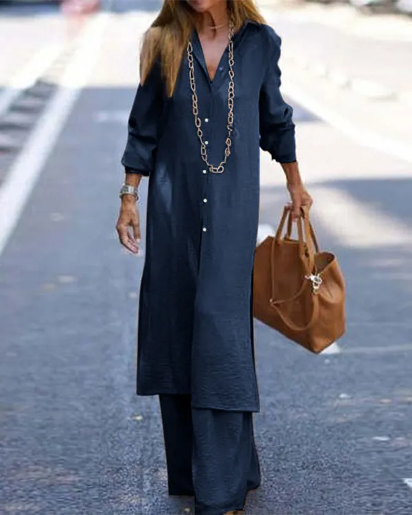 Long Cardigan Top and Wide Leg Trousers Casual Suit