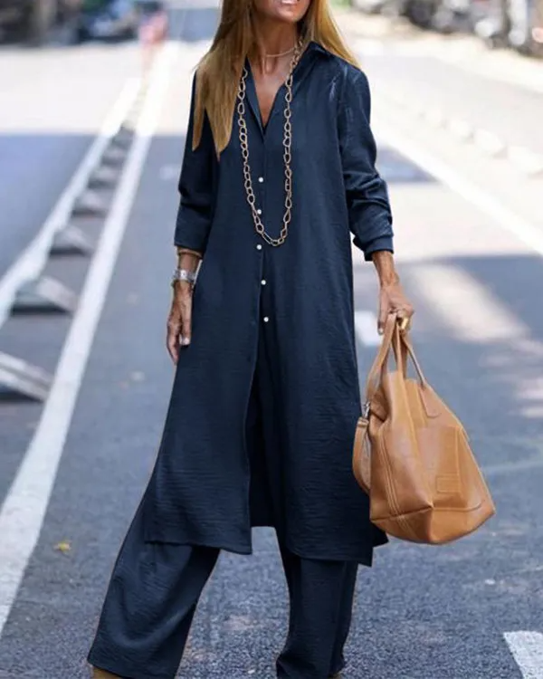 Long Cardigan Top and Wide Leg Trousers Casual Suit