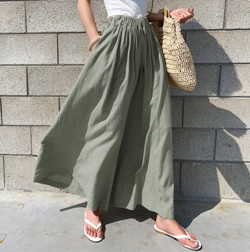 Fashion pure color hemp, wide -leg pants casual pants trousers