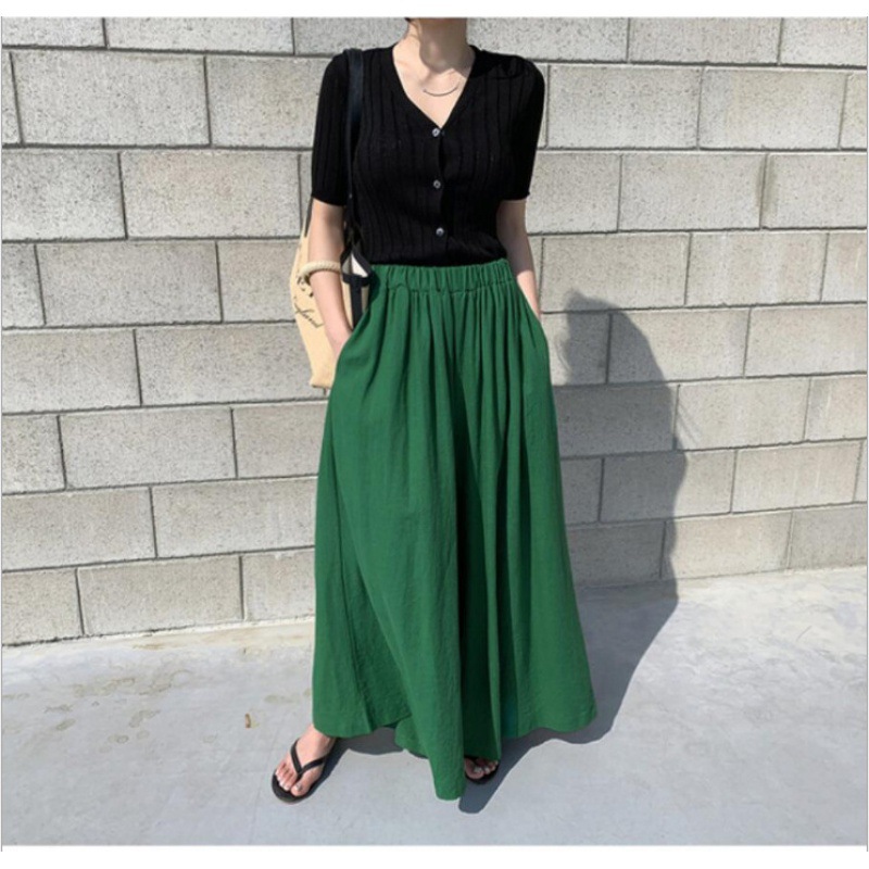 Fashion pure color hemp, wide -leg pants casual pants trousers