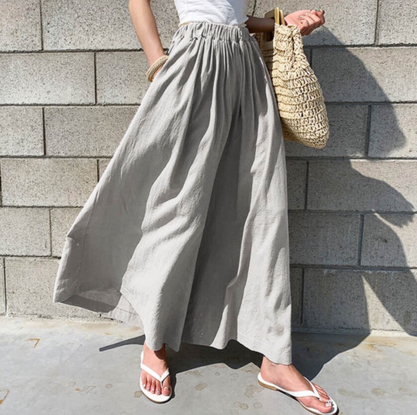 Fashion pure color hemp, wide -leg pants casual pants trousers