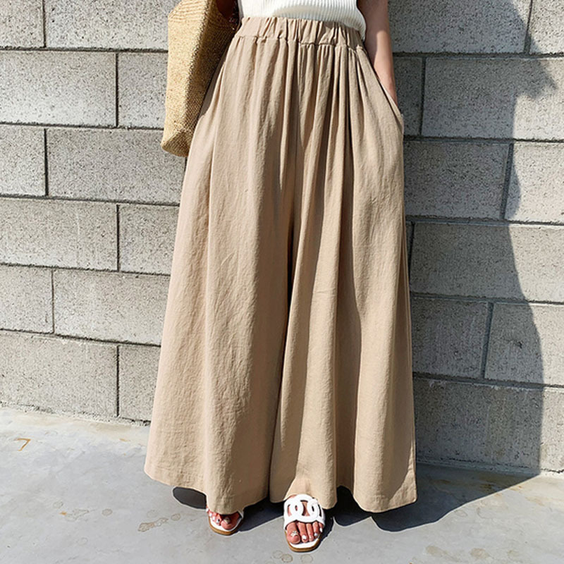 Fashion pure color hemp, wide -leg pants casual pants trousers