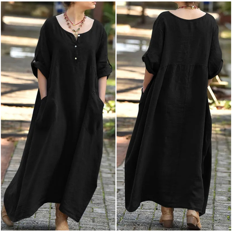 Large -size casual long -sleeved cotton and linen dress