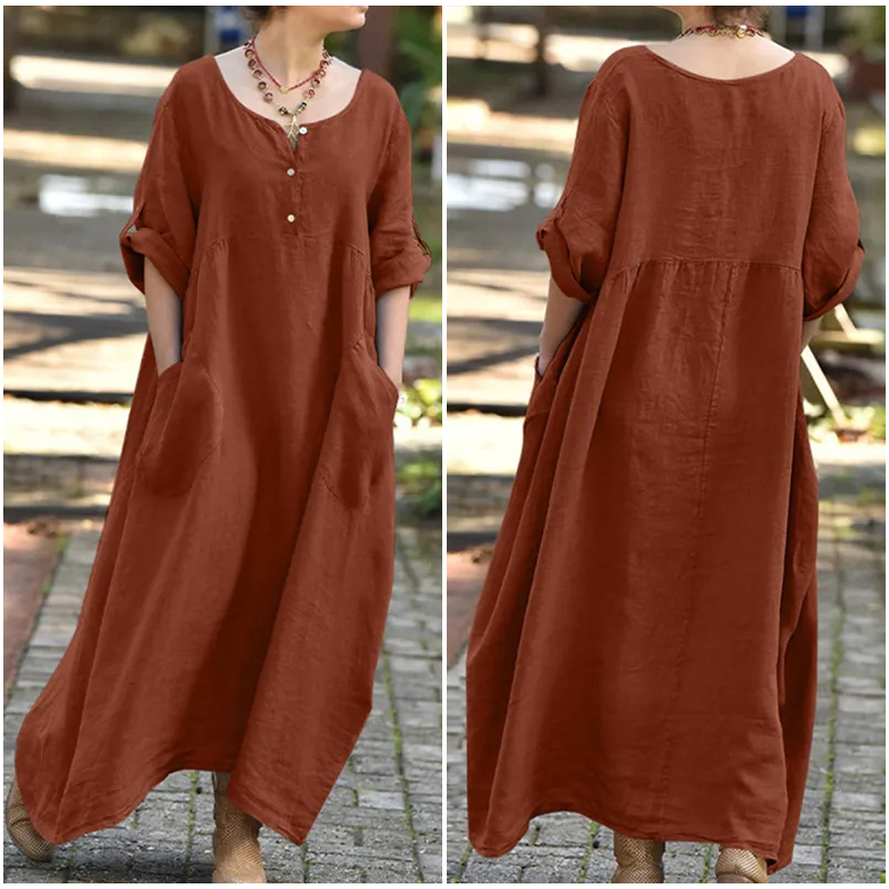 Large -size casual long -sleeved cotton and linen dress