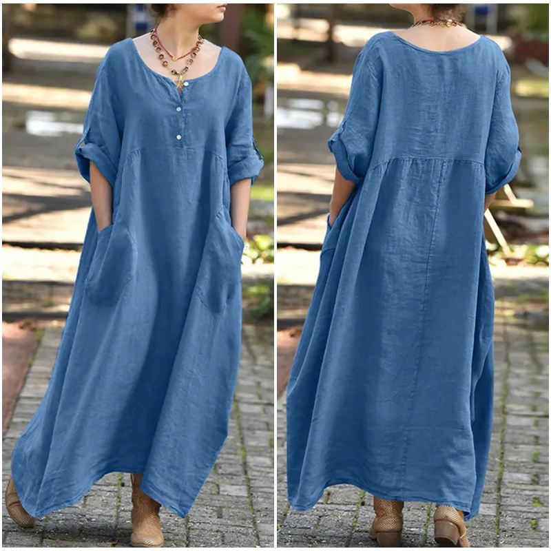 Large -size casual long -sleeved cotton and linen dress