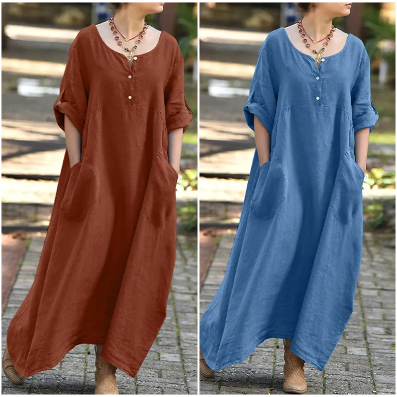 Large -size casual long -sleeved cotton and linen dress
