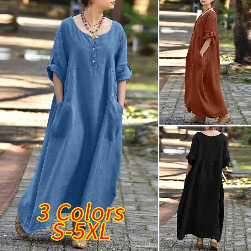 Large -size casual long -sleeved cotton and linen dress