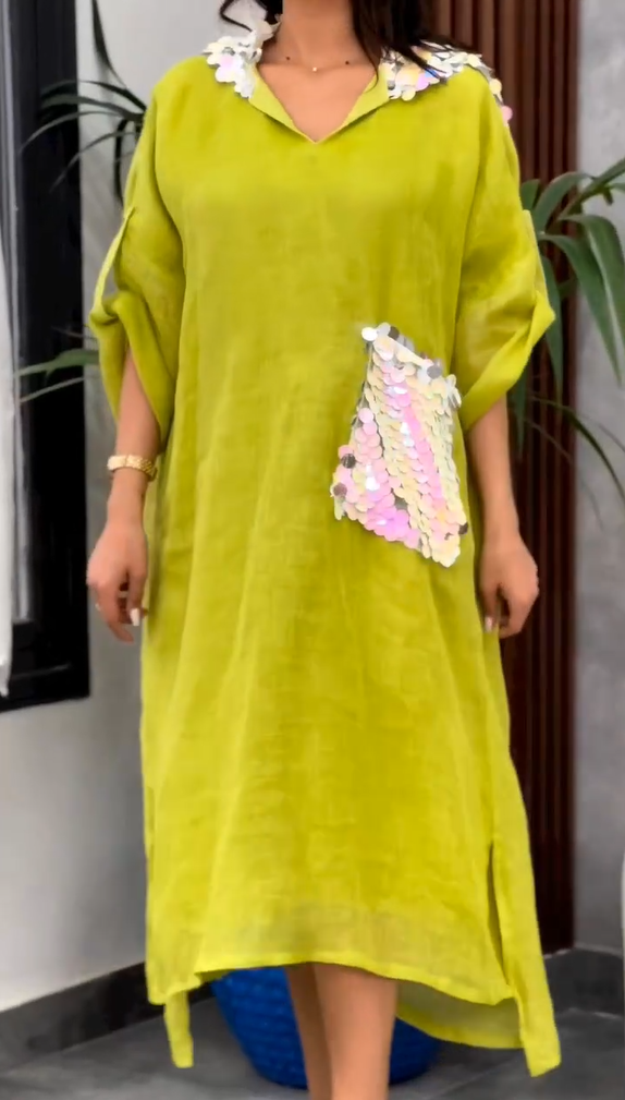 Cotton Linen Sequin Pocket Dress