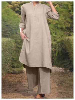 New cotton and linen V-neck 3/4 sleeve two-piece suit