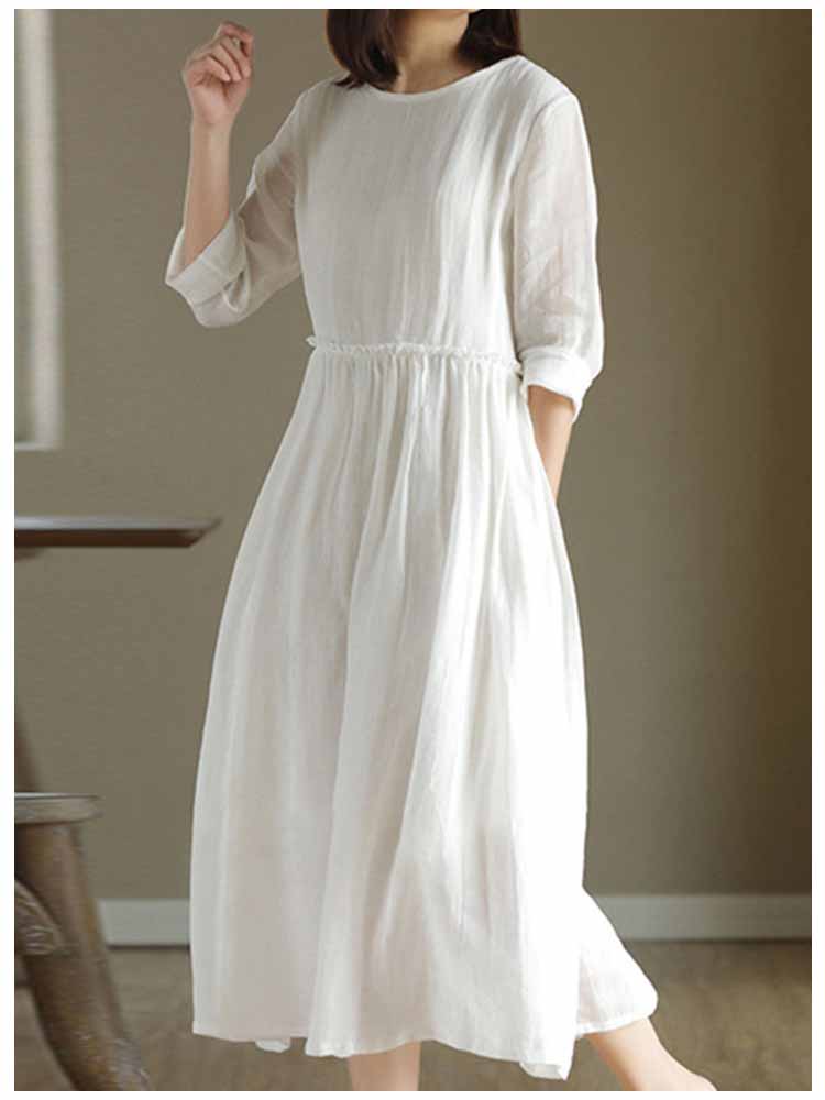 Cotton linen high waist slimming loose round neck skirt