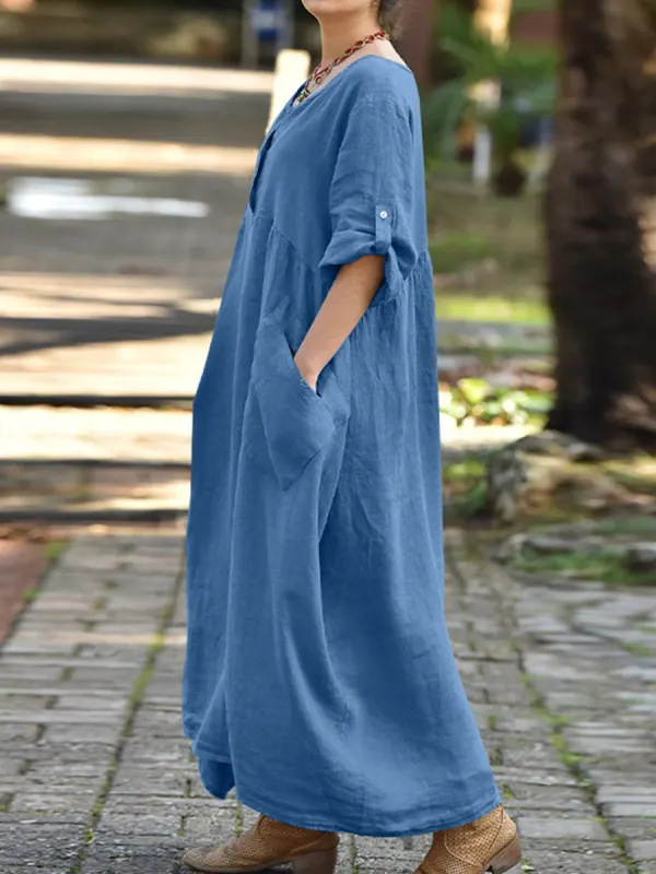 Large -size casual long -sleeved cotton and linen dress