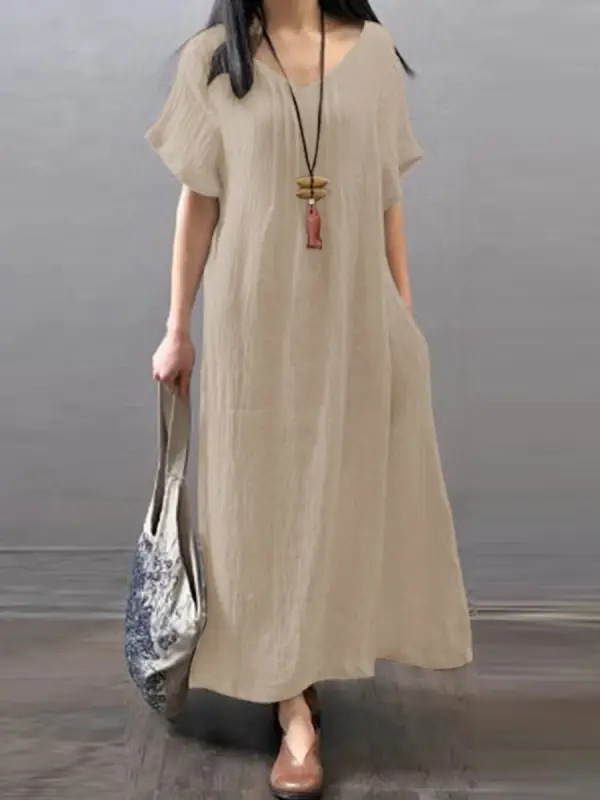 V -neck loose cotton and hemp solid color dress