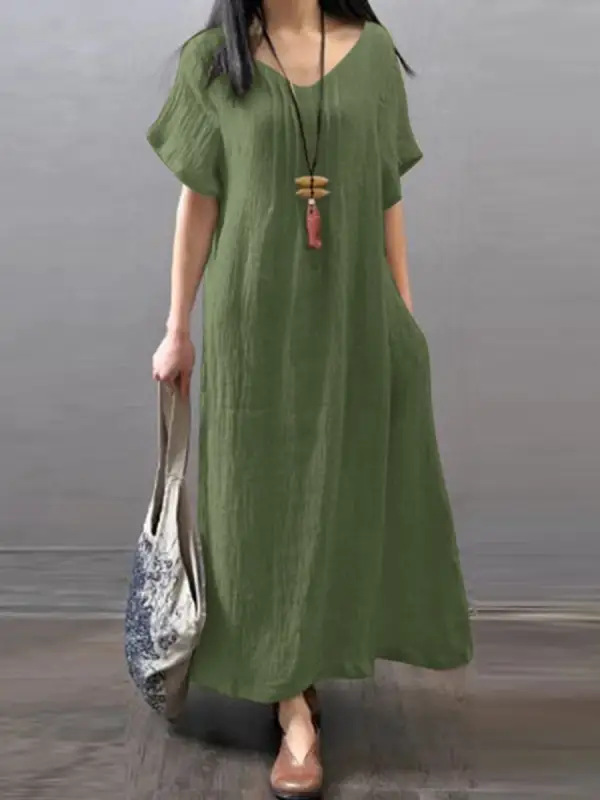 V -neck loose cotton and hemp solid color dress