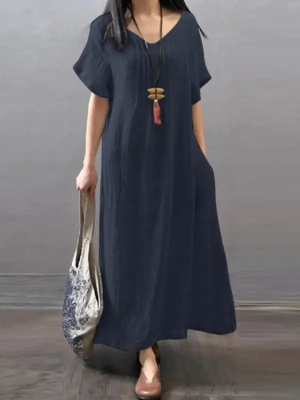 V -neck loose cotton and hemp solid color dress