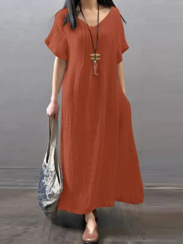 V -neck loose cotton and hemp solid color dress