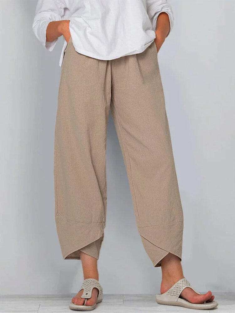 Solid Color Cotton Linen Straight Leg Pants