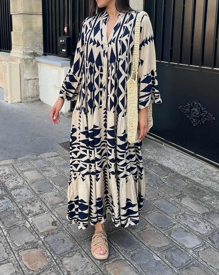 French Loose Cotton Linen Printed Long Dress