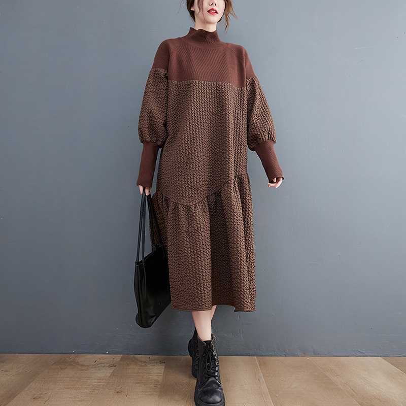 2023 Autumn New Loose Fashion High Neck Sweater Splicing Jacquard Dresses