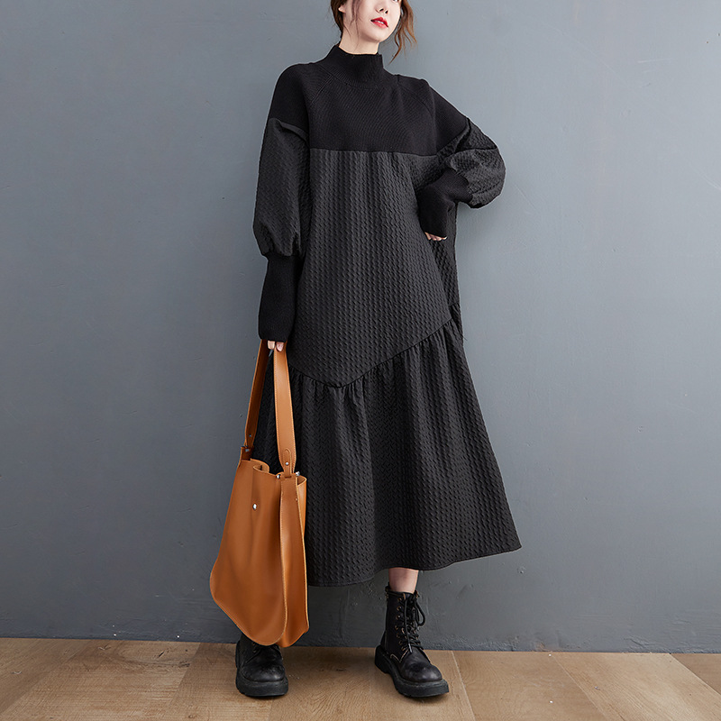 2023 Autumn New Loose Fashion High Neck Sweater Splicing Jacquard Dresses