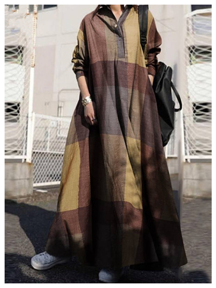 Cotton and linen printed loose long -sleeved dress