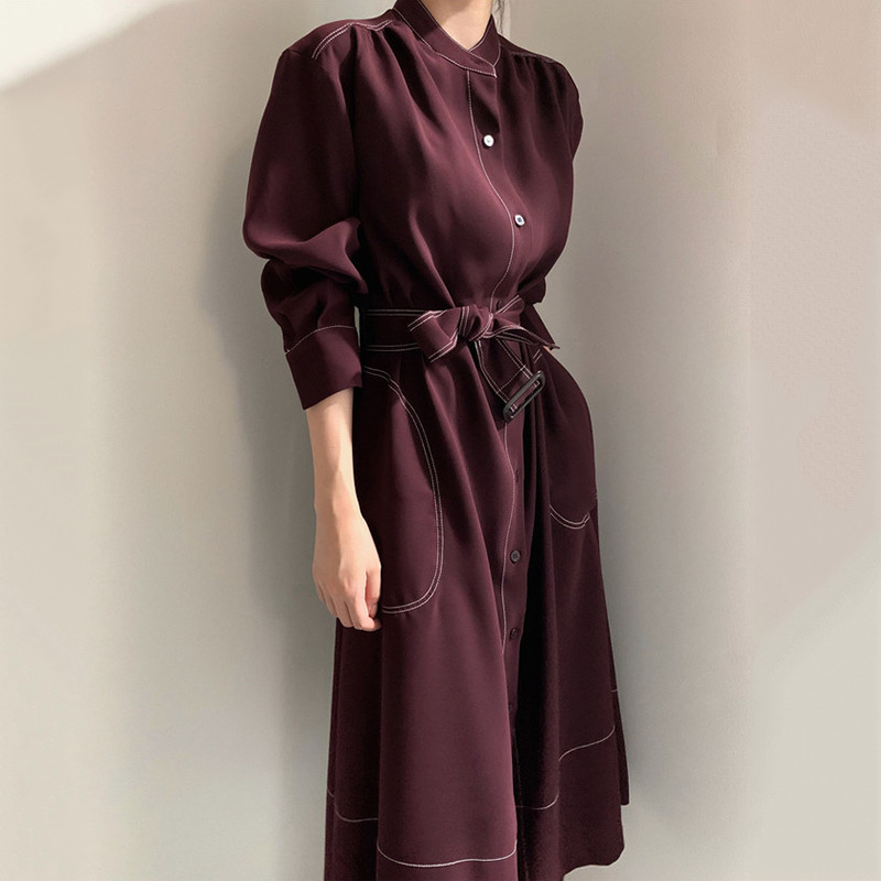 Elegant Standing Collar Buttoned Trench Dress