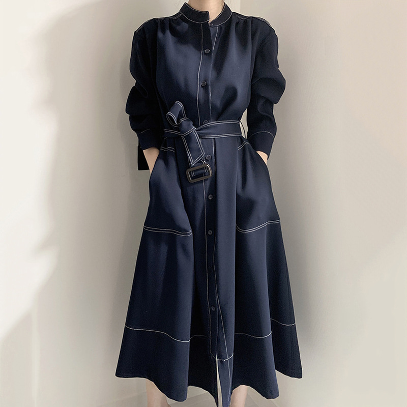 Elegant Standing Collar Buttoned Trench Dress