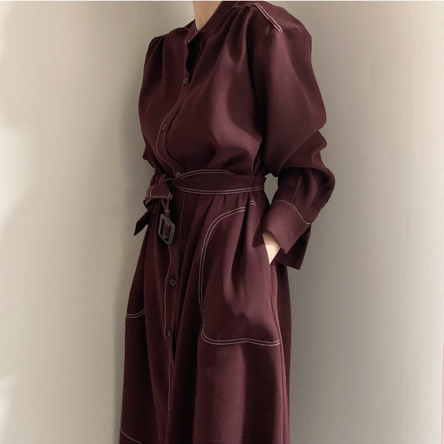 Elegant Standing Collar Buttoned Trench Dress
