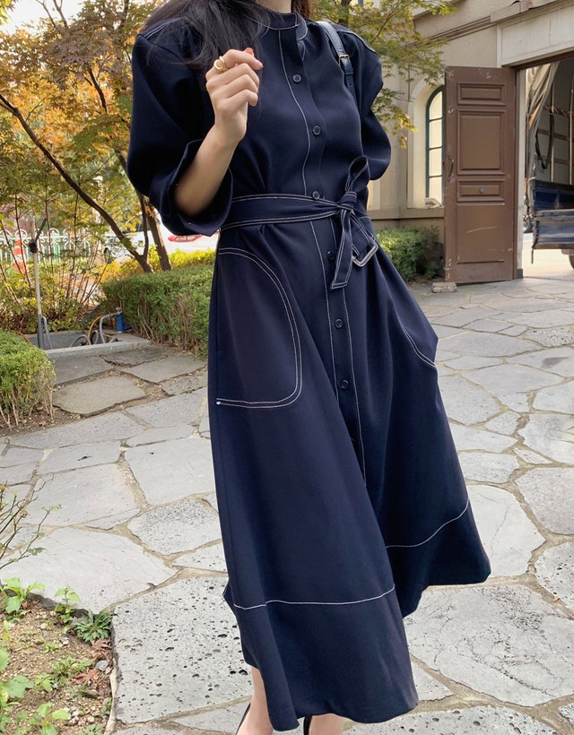 Elegant Standing Collar Buttoned Trench Dress