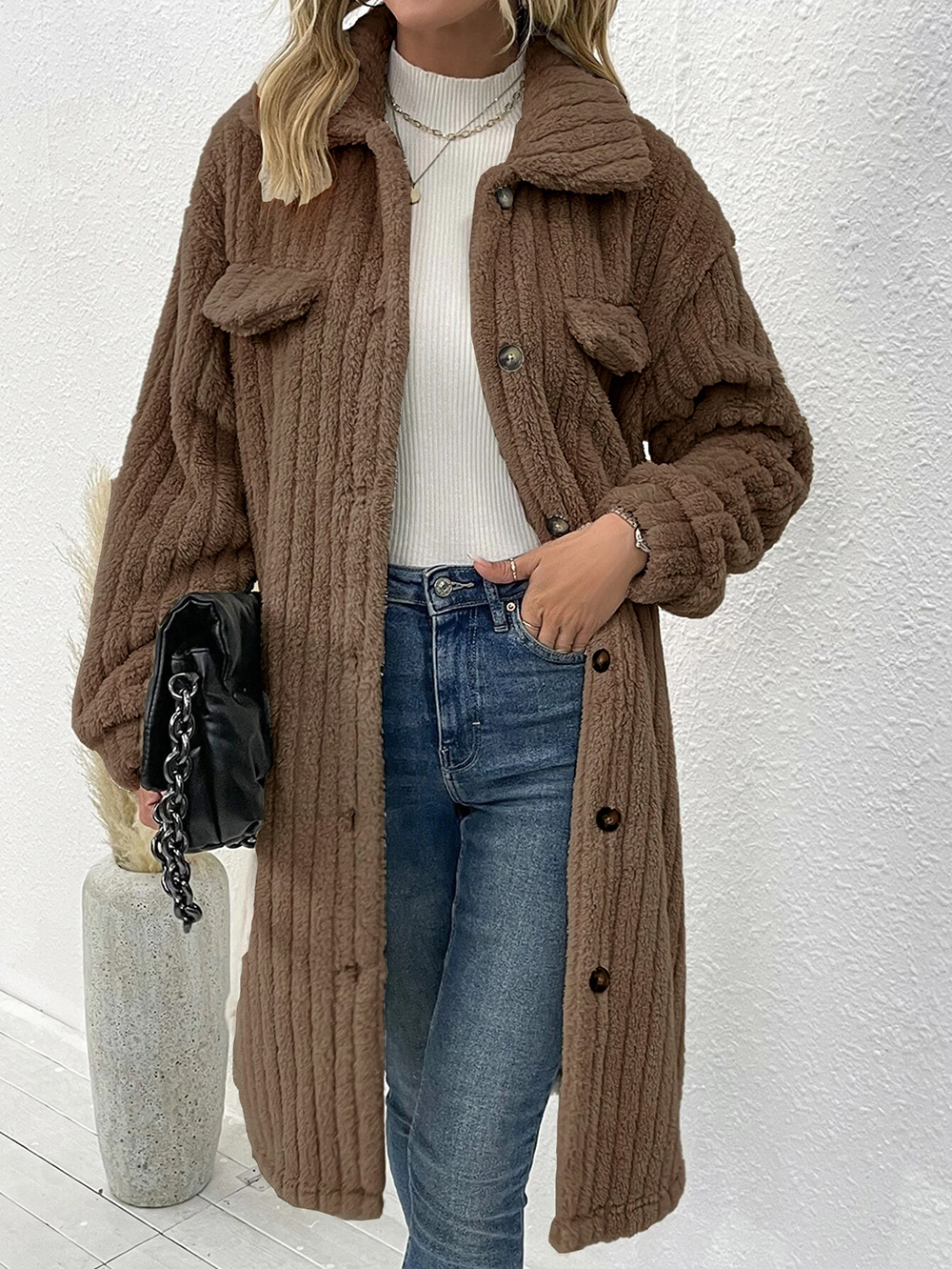 Women's lapel plush top coat