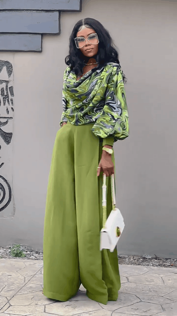 2023 Fall New Printed Lantern Sleeve Shirt Wide Leg Pants Casual Suit