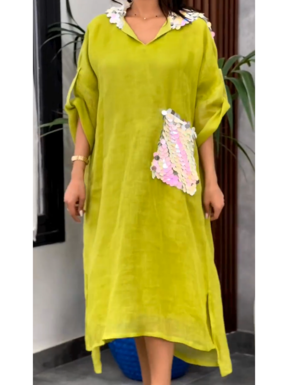 Women's Cotton Linen Sequin Pocket Dress