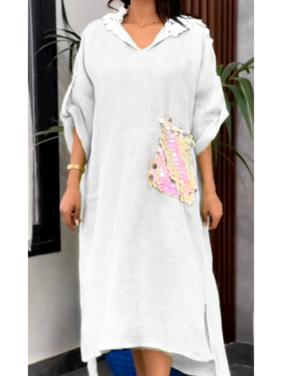 Women's Cotton Linen Sequin Pocket Dress