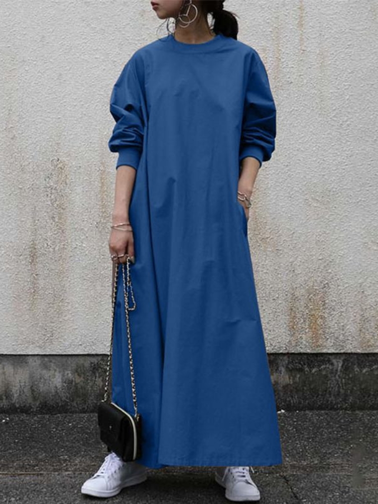 Autumn Solid Colour Casual Loose Round Neck Threaded Long Sleeve Dresses