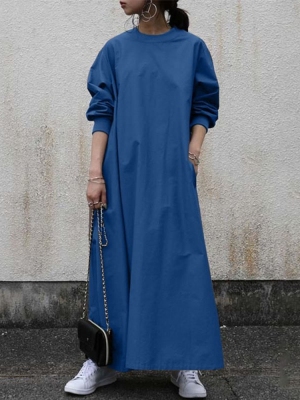 Autumn Solid Colour Casual Loose Round Neck Threaded Long Sleeve Dresses