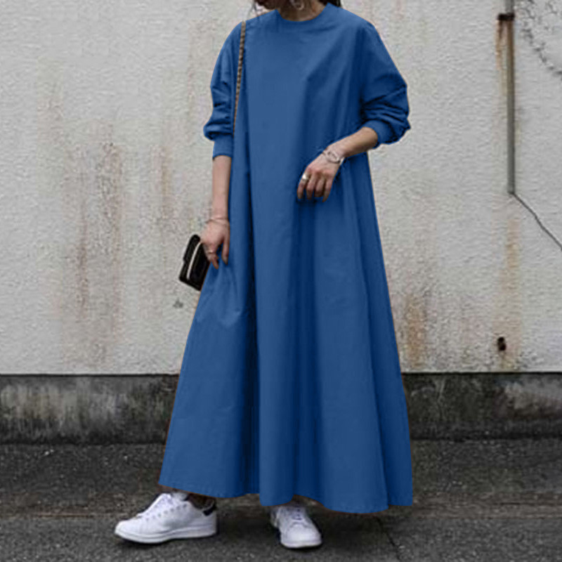 Autumn Solid Colour Casual Loose Round Neck Threaded Long Sleeve Dresses