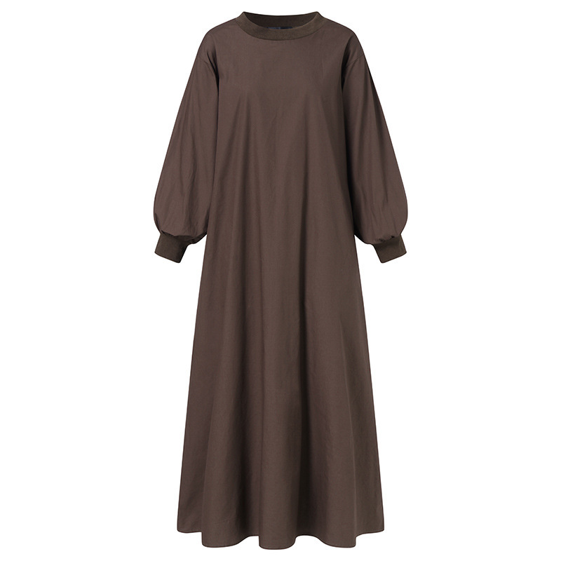 Autumn Solid Colour Casual Loose Round Neck Threaded Long Sleeve Dresses