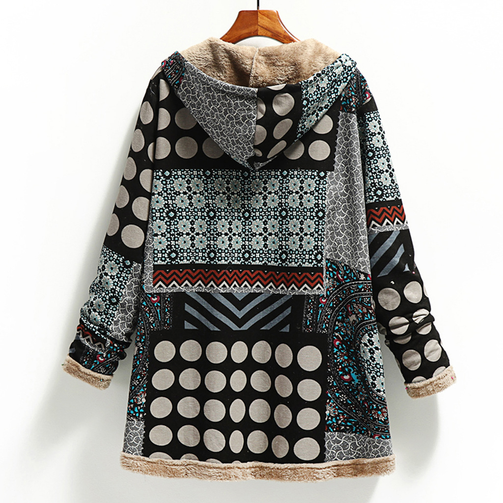 Cotton and Linen Printed Hooded Insulated Plush Jacket