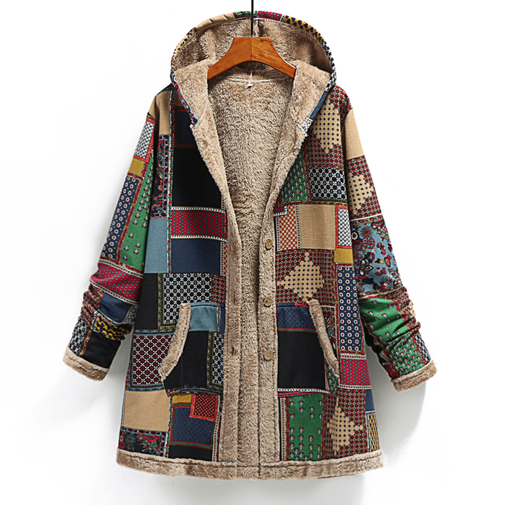 Cotton and Linen Printed Hooded Insulated Plush Jacket