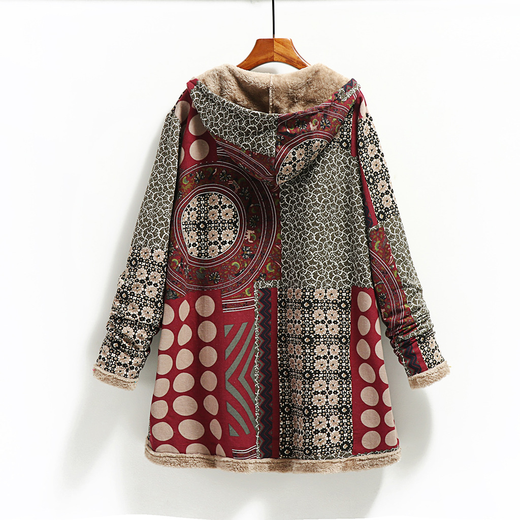 Cotton and Linen Printed Hooded Insulated Plush Jacket