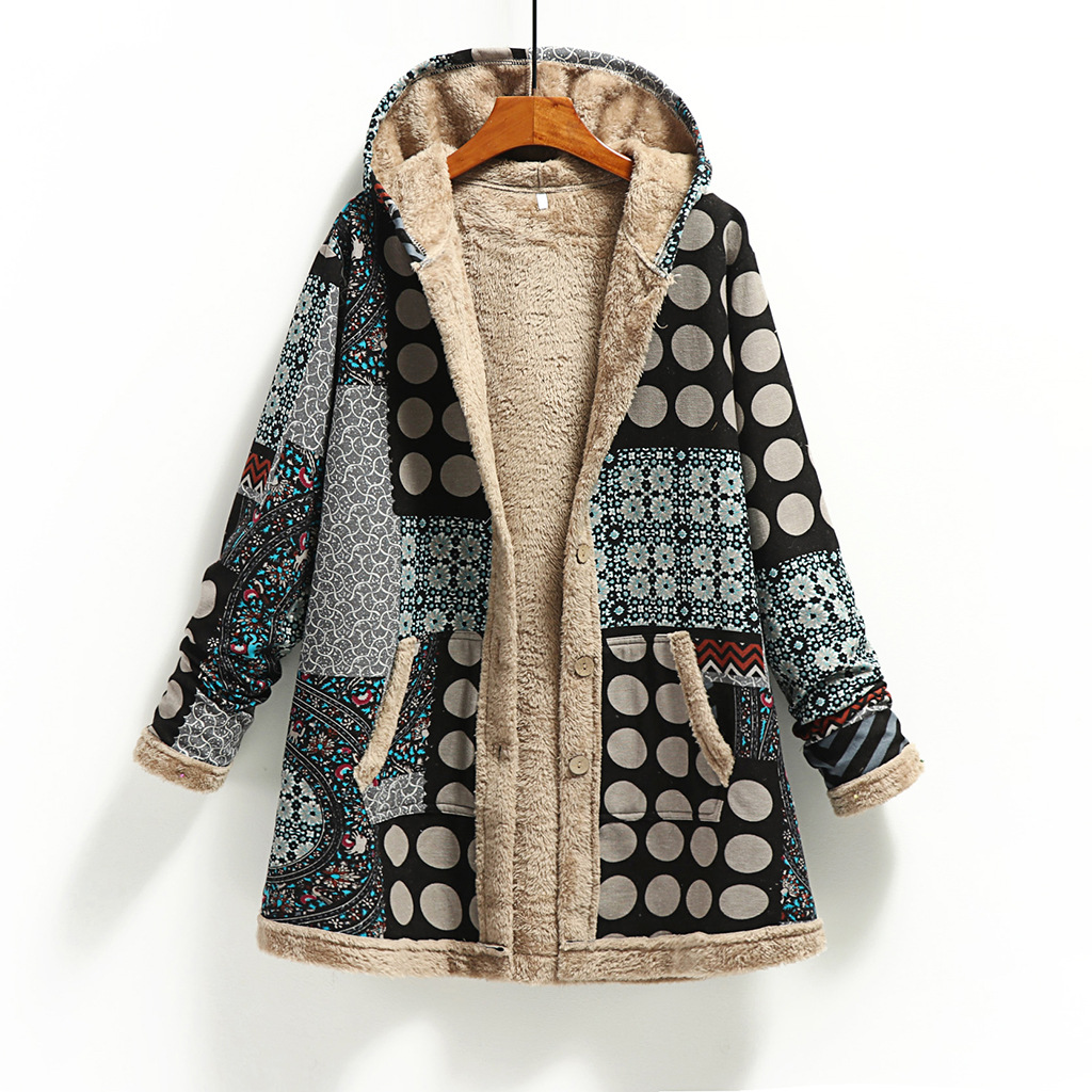 Cotton and Linen Printed Hooded Insulated Plush Jacket