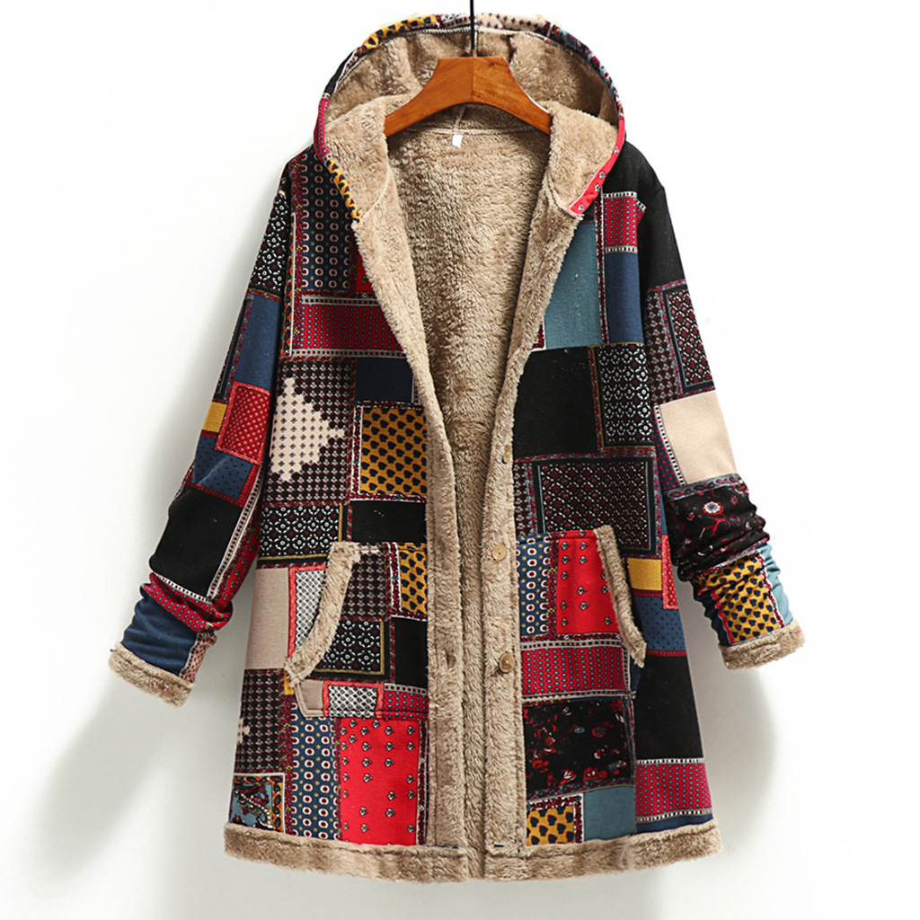 Cotton and Linen Printed Hooded Insulated Plush Jacket