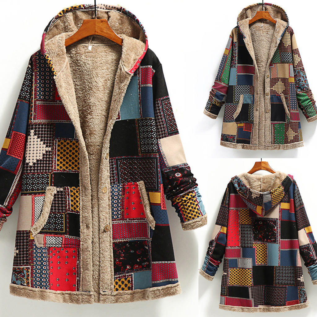 Cotton and Linen Printed Hooded Insulated Plush Jacket